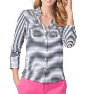J McGlaughlin Brynn Linen Button Front Polo Striped Preppy Sporty Coastal Resort